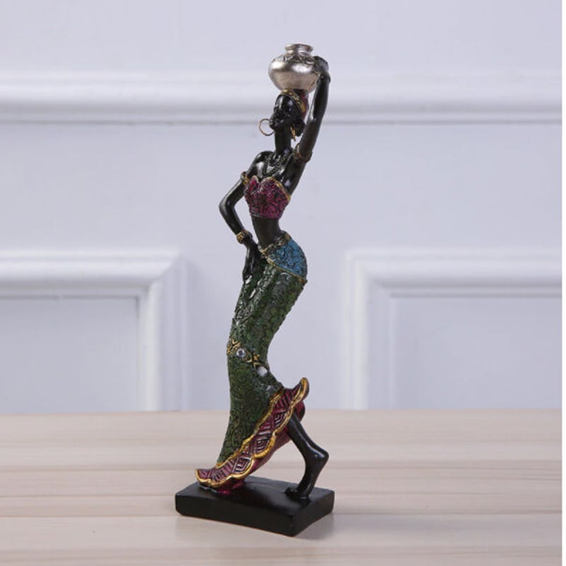 オブジェ】 アフリカ女性 樹脂彫像 頭の上に壺 グリーン 部屋装飾品