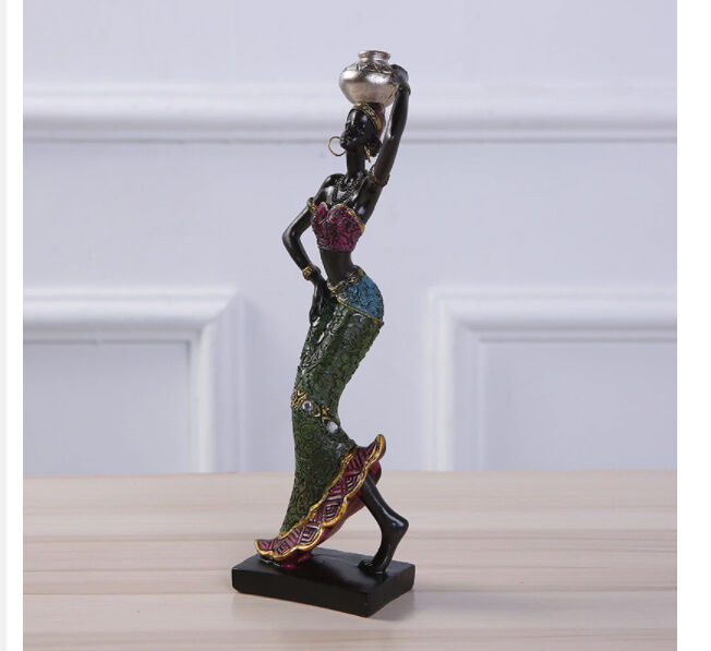 オブジェ】 アフリカ女性 樹脂彫像 頭の上に壺 グリーン 部屋装飾品