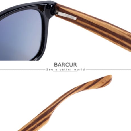 【天然ゼブラ木製】 BARCUR ユニセックス 偏光サングラス スクエアタイプ ポラロイド UV400 軽量 海外トップブランド 体に優しい BC8720 木製ボックス付き 【4色展開】