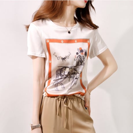 ラウンドネック 半袖 ファッション おしゃれ かわいい 花柄 配色 Tシャツ