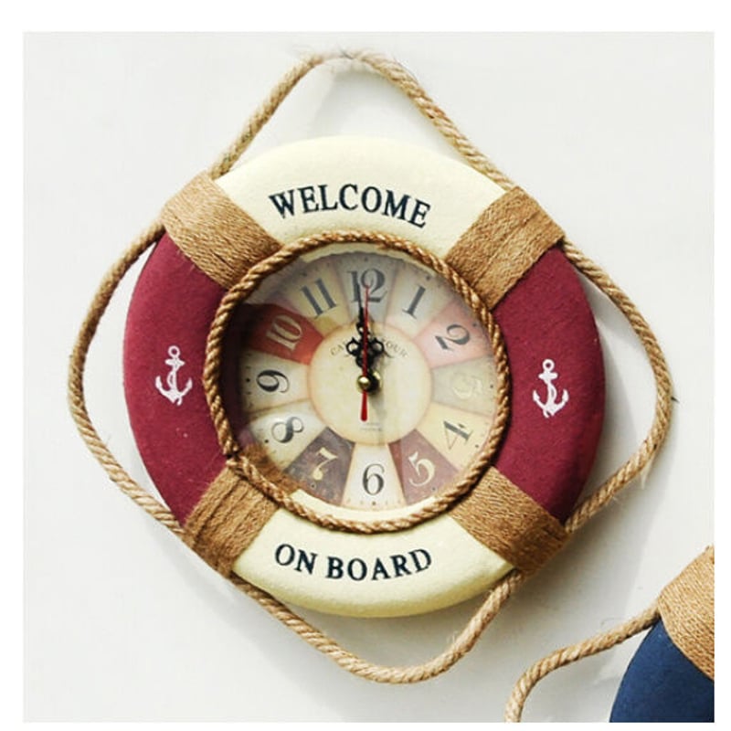時計 壁掛け 木製 マリン 麻ロープ 浮き輪 海 DIY お洒落 かわいい