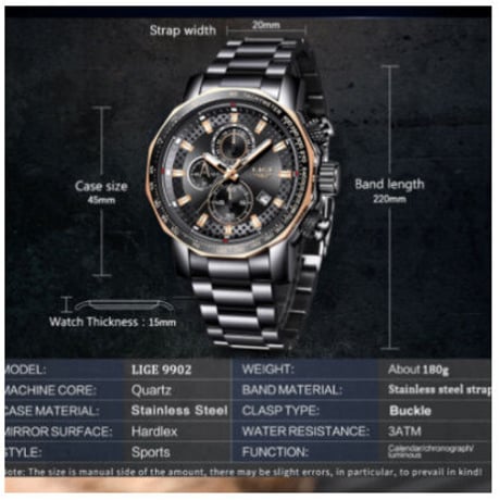 LIGE メンズ腕時計 防水 クロノグラフ 日付表示 クォーツ 頑丈 ステンレスベルト 海外トップブランド 2色展開