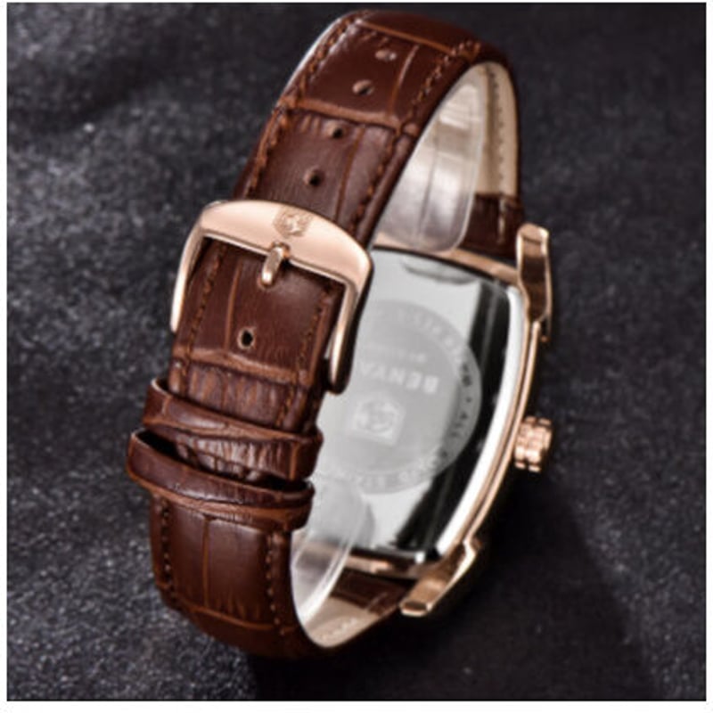 海外高級ブランド】 BENYAR 長方形 本革バンド メンズ腕時計 防水 日付