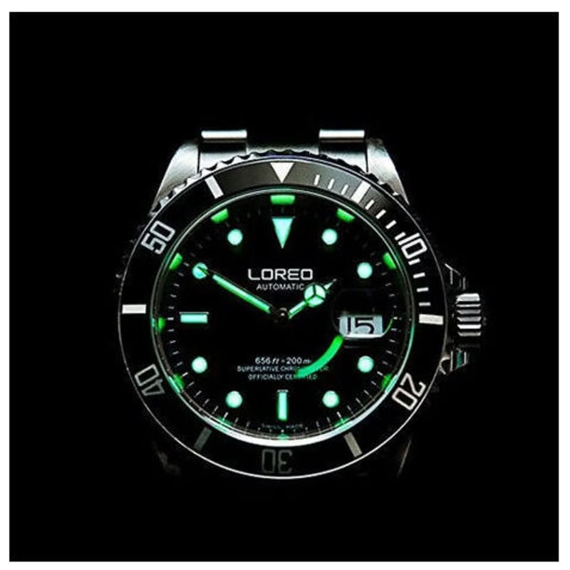 LOREO メンズ高級腕時計 輝くシルバー クロノグラフ 水深200m防水 自動