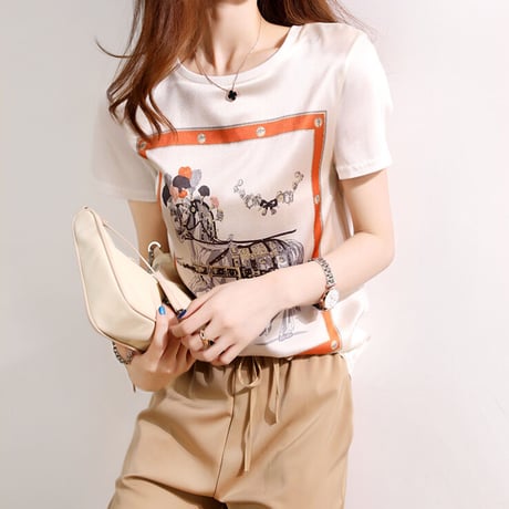 ラウンドネック 半袖 ファッション おしゃれ かわいい 花柄 配色 Tシャツ