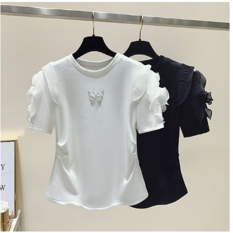 【2色展開】フリル 半袖 蝶 フリル系女子 甘すぎない ポイントフリル Ｔシャツ CP-454