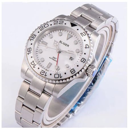 BLIGER 自動巻き腕時計 ホワイトセラミックベゼル 白 GMT 高級 ステンレスストラップ サファイア クリスタル