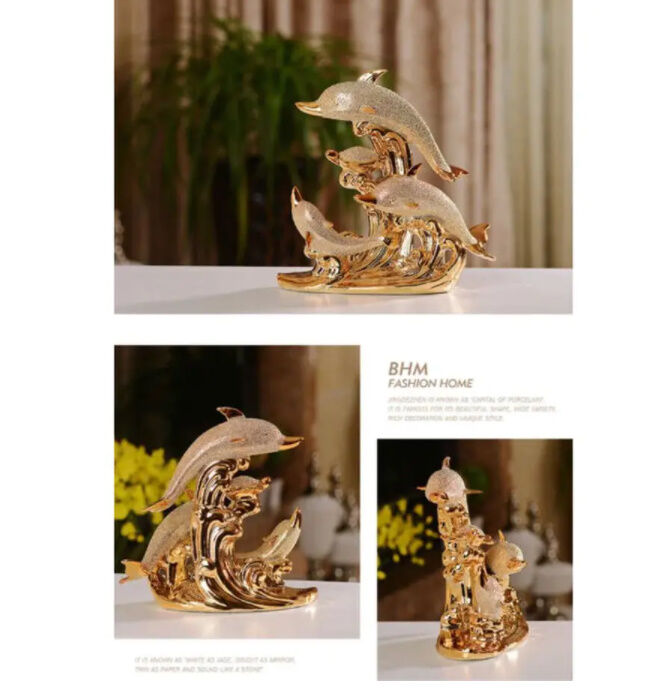 インテリアオブジェ　ビーナスとイルカに乗った2人のエンジェル　全長約42センチ。 オブジェ】 置物 北欧インテリア イルカの群れ セラミック製 レトロ