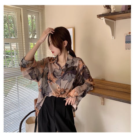 花柄 シースルー 長袖 シャツ  シフォン シアー 透け感 柔らか ゆったり ルーズ エレガント シック フェミニン きれいめ 落ち感 おしゃれ 大人女子 通勤 お出かけ 春 夏 【2色展開】