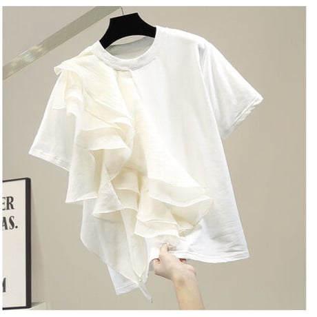 韓国風 シフォン フリル Tシャツ エレガント 大人女子 セクシー