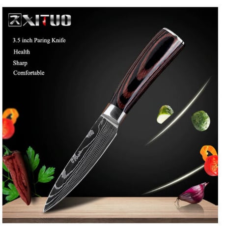 XITUO ペティナイフ 調理ナイフ 高級 果物ナイフ 3.5インチ 木製ハンドル 切れ味抜群 パーリングナイフ よく切れる 業務用 家庭用 ダマスカスレーザー模様