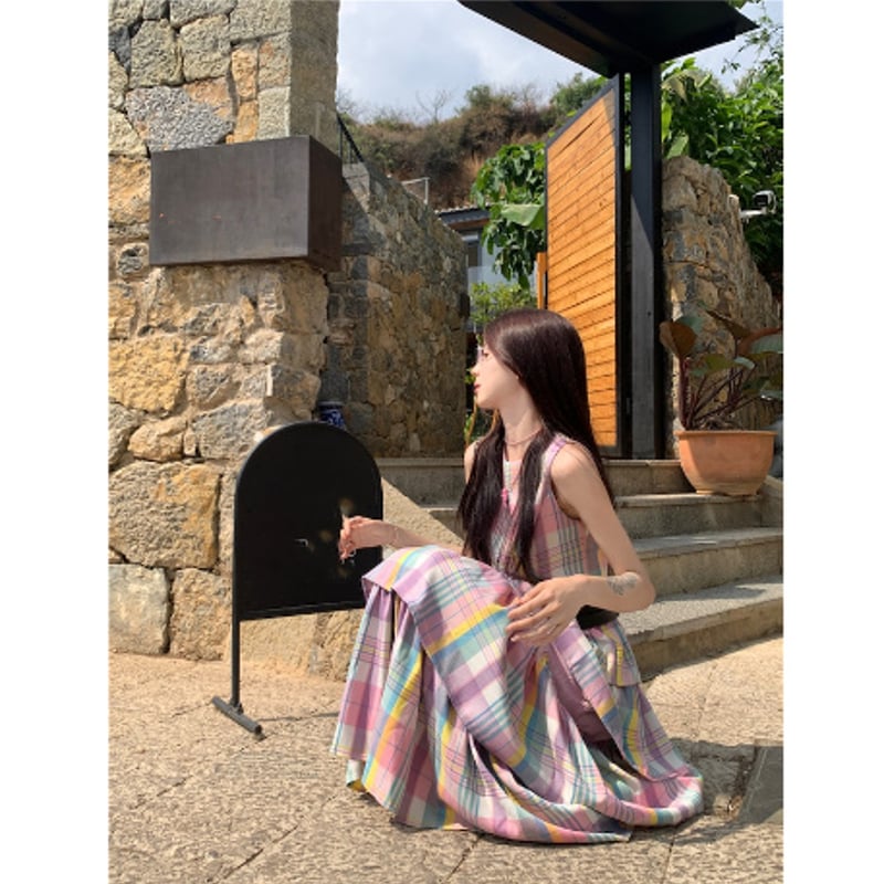 チェック柄 ノースリーブ ワンピース カラフル かわいい 旅行 デート