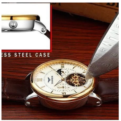 Guanqin トゥールビヨン腕時計 スケルトン サファイア クリスタル 上品 GOLD&BROWN