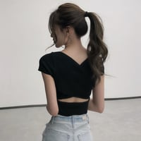 セクシー 大人女子 Vネック 半袖 ファッション 無地 着回し Tシャツ へそ出しコーデ
