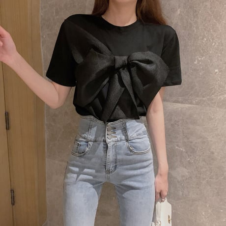 美人度アップ ラウンドネック 半袖 ファッション 蝶々結び  キュート 夏 Tシャツ