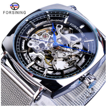 FORSINING】 自動巻き スクエア スケルトン メンズ腕時計 機械式