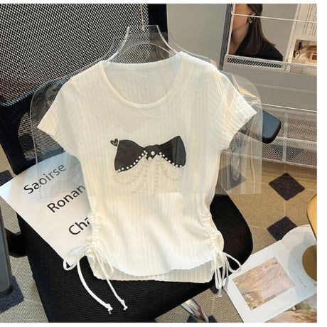 【2色展開】ビーズ リボン サマー ニット Tシャツ 着回し キュート CP1545