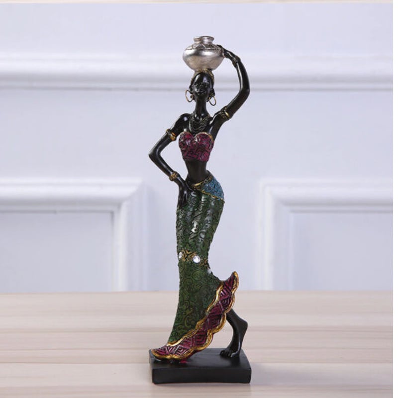 オブジェ】 アフリカ女性 樹脂彫像 頭の上に壺 グリーン 部屋装飾品