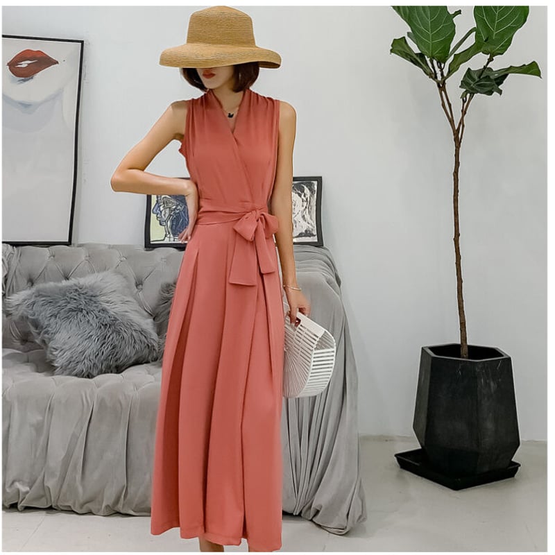 Vネック ノースリーブ 無地 ウエスト 絞り ハイウエスト 大人女子 夏