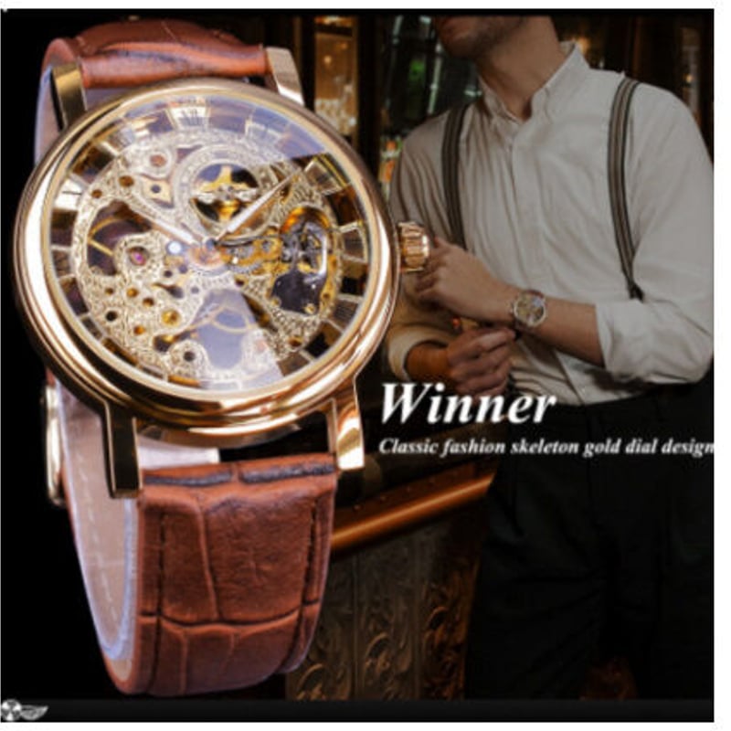 T-WINNER メンズ腕時計 スケルトン 本革ベルト 機械式 高級 レトロ
