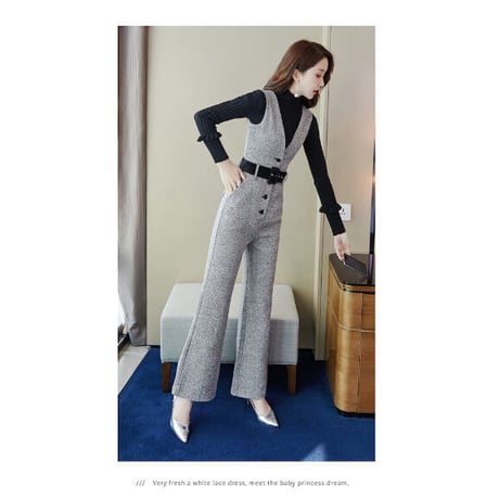 【2色展開】レトロトップス+オシャレオールインワン２点セット 大人可愛い きれいめ シンプル カジュアル 都会的 OL オフィス モダン