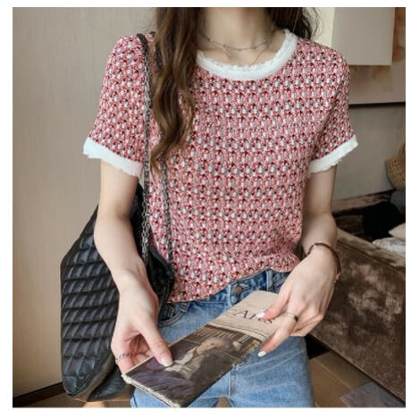 レディース Tシャツ ラウンドネック パッチワーク ニット生地 カットオフ レッド サマーニット 春 夏 お出かけ デート 女子会 アウトドア
