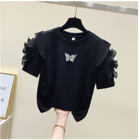 【2色展開】フリル 半袖 蝶 フリル系女子 甘すぎない ポイントフリル Ｔシャツ CP-454