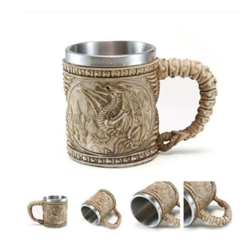 ドラゴン彫刻の金属製マグカップ ビールジョッキ マグカップ ステンレス がいこつ ドラゴン 龍 保冷