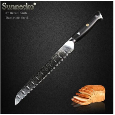 Sunnecko 8 インチ パンスライシングナイフ Japanese VG10 ダマスカス模様 キッチンナイフ 朝食ブレッドスライサー