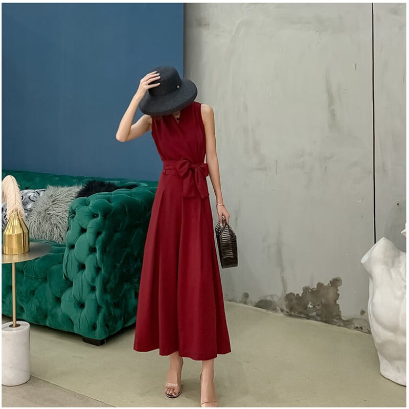 Vネック ノースリーブ 無地 ウエスト 絞り ハイウエスト 大人女子 夏