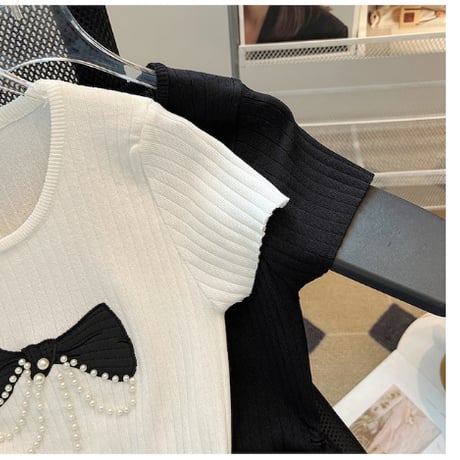 【2色展開】ビーズ リボン サマー ニット Tシャツ 着回し キュート CP1545