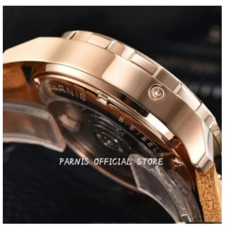 parnis 自動巻き 機械式腕時計 Mens 44mm ゴールド サファイアクリスタル レザーストラップ