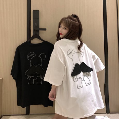 大人可愛い スウィート デザイン ルーズ INS風 羽 刺繍 Ｔシャツ