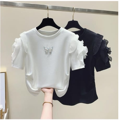 【2色展開】フリル 半袖 蝶 フリル系女子 甘すぎない ポイントフリル Ｔシャツ CP-454