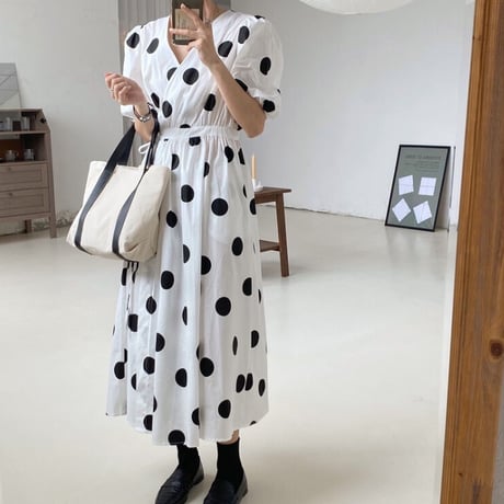 レトロ 韓国風 ドローストリング ドット柄 ワンピース 大人可愛い 夏 ファッション