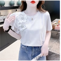 【2色展開】フラワー ビーズ フリル Tシャツ 着回し かわいい 夏 フェミニン シンプル CP539