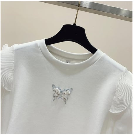 【2色展開】フリル 半袖 蝶 フリル系女子 甘すぎない ポイントフリル Ｔシャツ CP-454