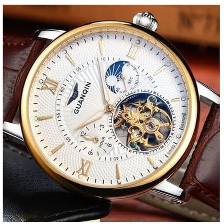 Guanqin トゥールビヨン腕時計 スケルトン サファイア クリスタル 上品 GOLD&BROWN