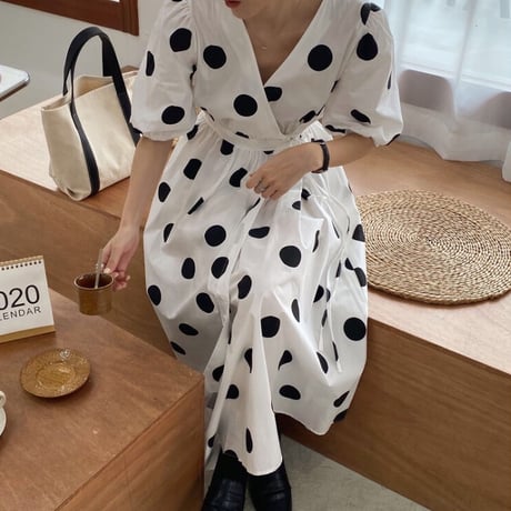 レトロ 韓国風 ドローストリング ドット柄 ワンピース 大人可愛い 夏 ファッション