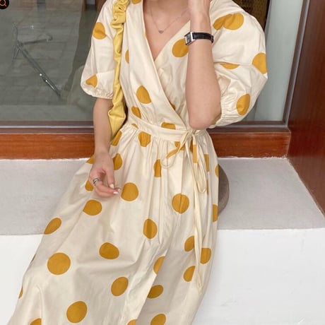 レトロ 韓国風 ドローストリング ドット柄 ワンピース 大人可愛い 夏 ファッション
