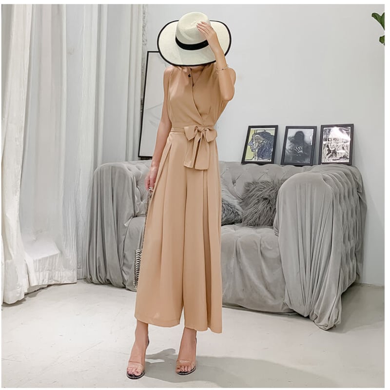 Vネック ノースリーブ 無地 ウエスト 絞り ハイウエスト 大人女子 夏