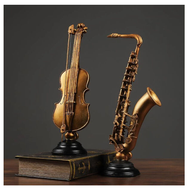 オブジェ】 バイオリン サックス 楽器 37cm 樹脂彫像 部屋装飾品