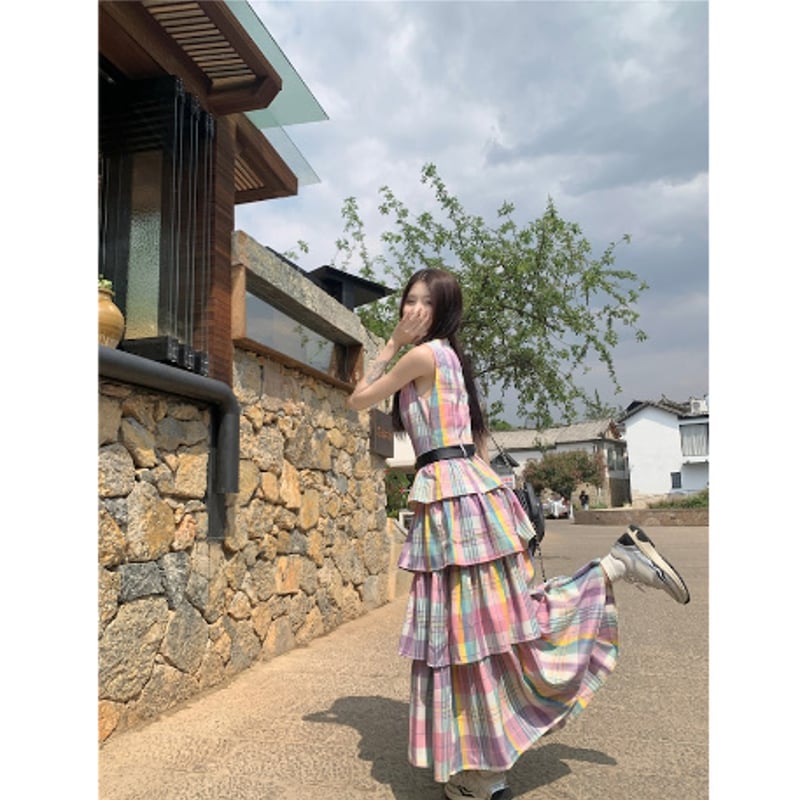 チェック柄 ノースリーブ ワンピース カラフル かわいい 旅行 デート