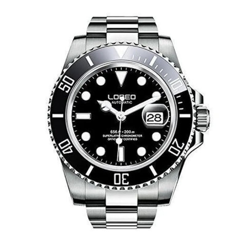 LOREO メンズ高級腕時計 輝くシルバー クロノグラフ 水深200m防水 自動