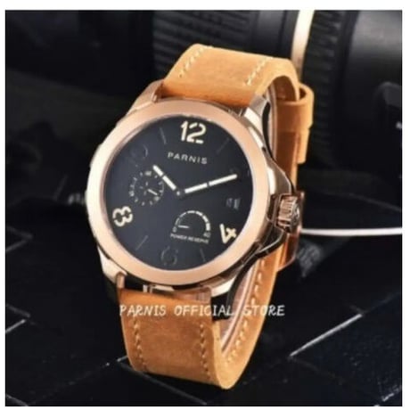 parnis 自動巻き 機械式腕時計 Mens 44mm ゴールド サファイアクリスタル レザーストラップ