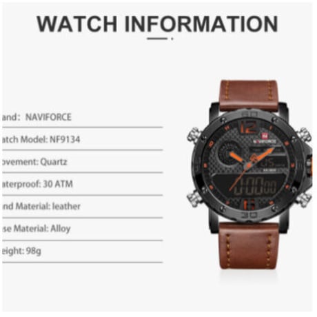 NAVIFORCE 腕時計 多機能 メンズ 海外高級ブランド デュアルタイム アラーム機能 クロノグラフ 防水 3気圧 発光 日付 曜日表示 クォーツ レザーバンド