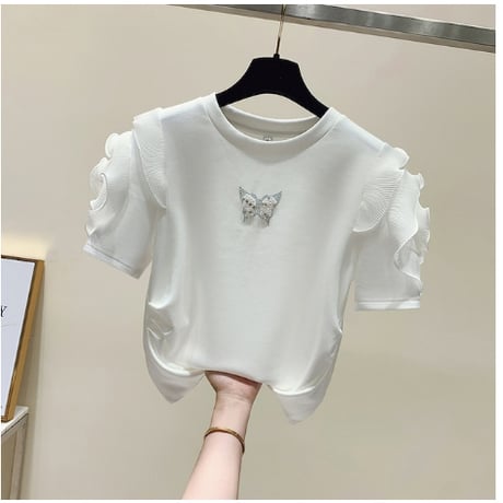 【2色展開】フリル 半袖 蝶 フリル系女子 甘すぎない ポイントフリル Ｔシャツ CP-454