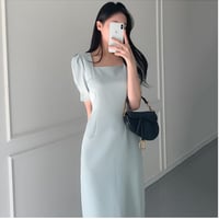 韓国風 着痩せ スクエアネック パフスリーブ スリット ワンピース 大人女子 エレガント オフィス  パーティー お呼ばれ デート