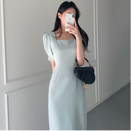 韓国風 着痩せ スクエアネック パフスリーブ スリット ワンピース 大人女子 エレガント オフィス  パーティー お呼ばれ デート