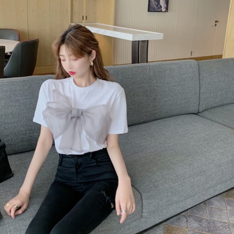 美人度アップ ラウンドネック 半袖 ファッション 蝶々結び  キュート 夏 Tシャツ